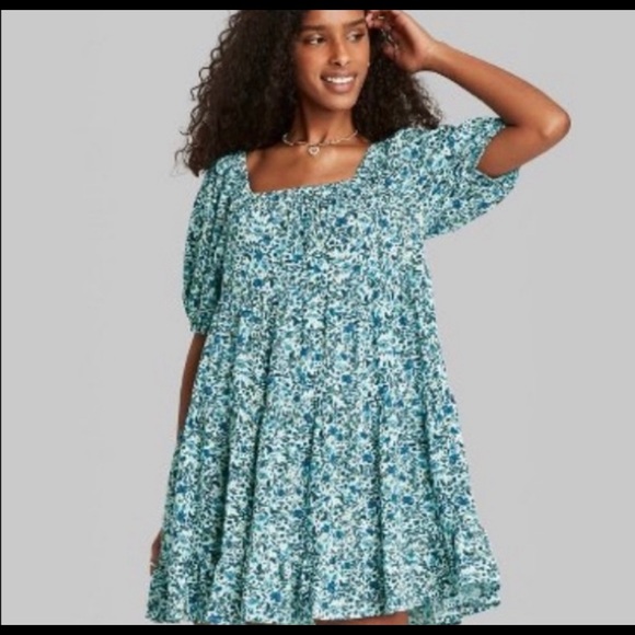 Wild Fable Blue Floral babydoll mini dress M NWT - Picture 4 of 16